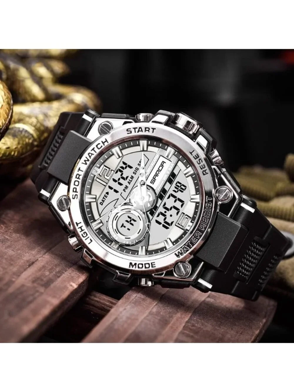 Men's Black Silver Analog Quartz Sports Waterproof Military LED Digital Watch